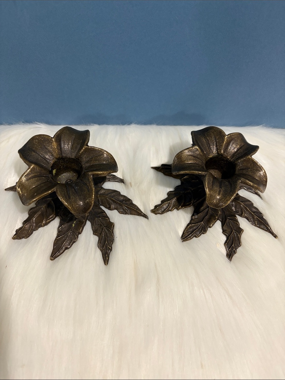Vintage Decorative Bronze Floral Candle Holders - Pair